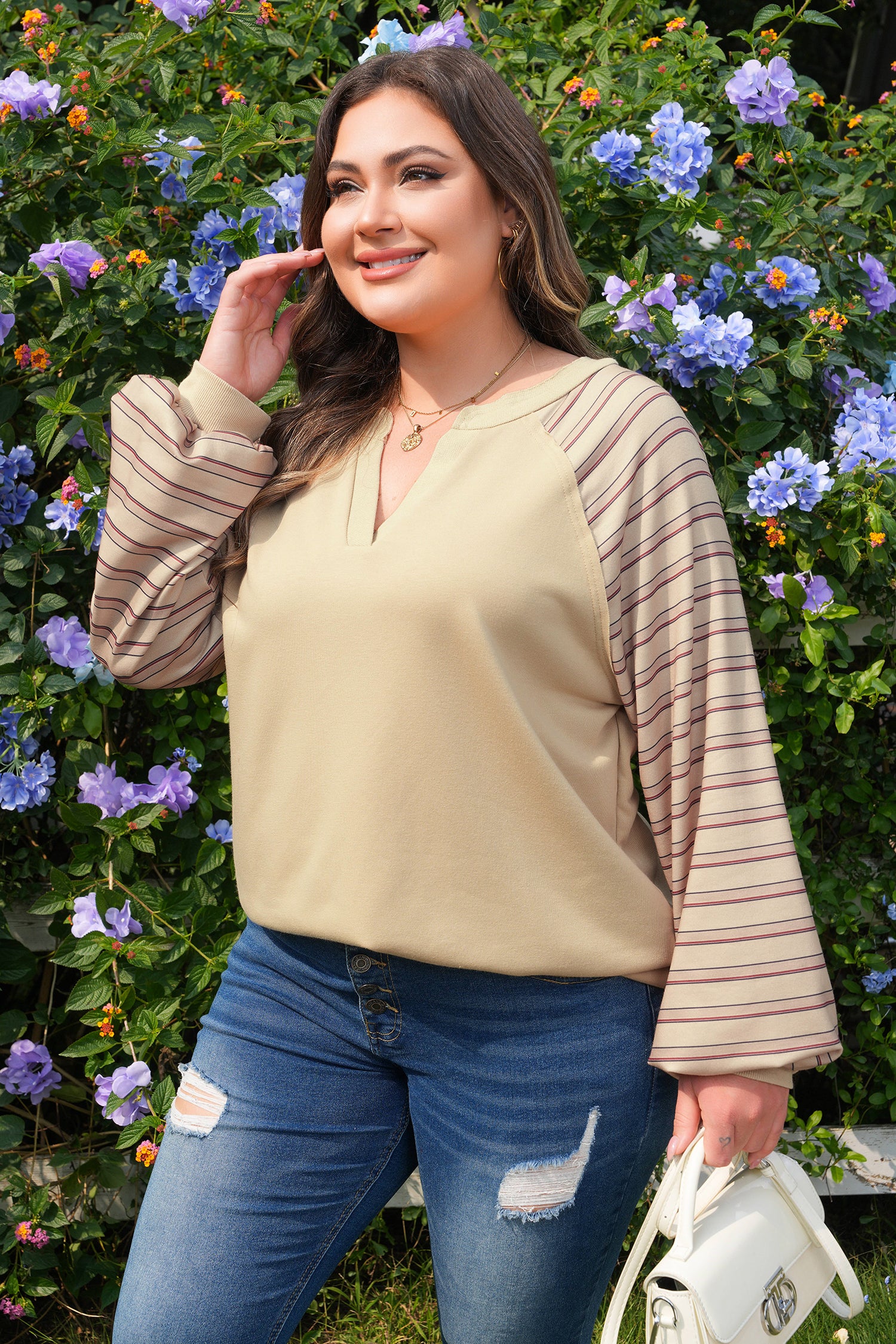 Parchment Striped Raglan Sleeve Notched Neck Raw Edge Plus Size Jumper