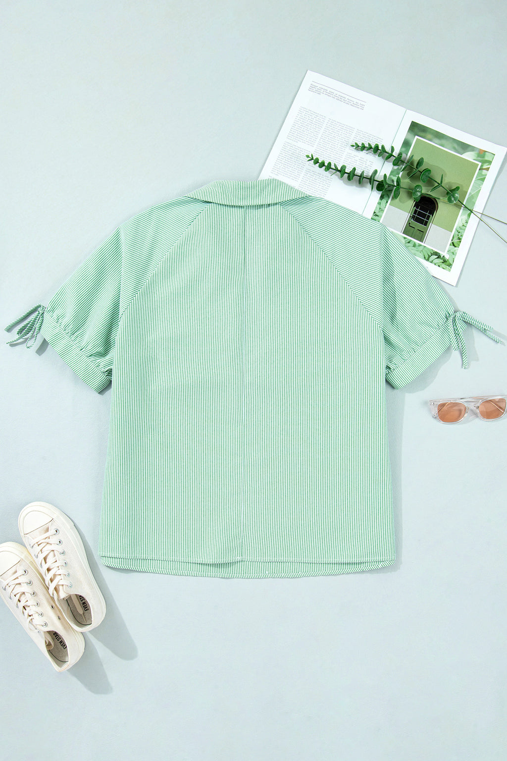 Mint Green Plus Size Striped Print Collar V Neck Short Sleeve Blouse