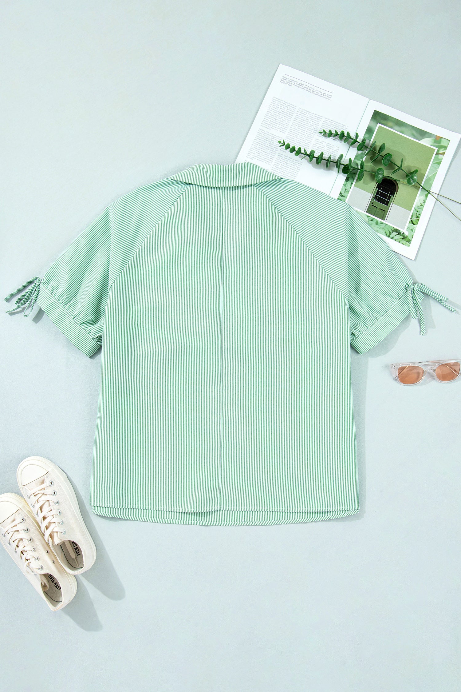 Mint Green Plus Size Striped Print Collar V Neck Short Sleeve Blouse
