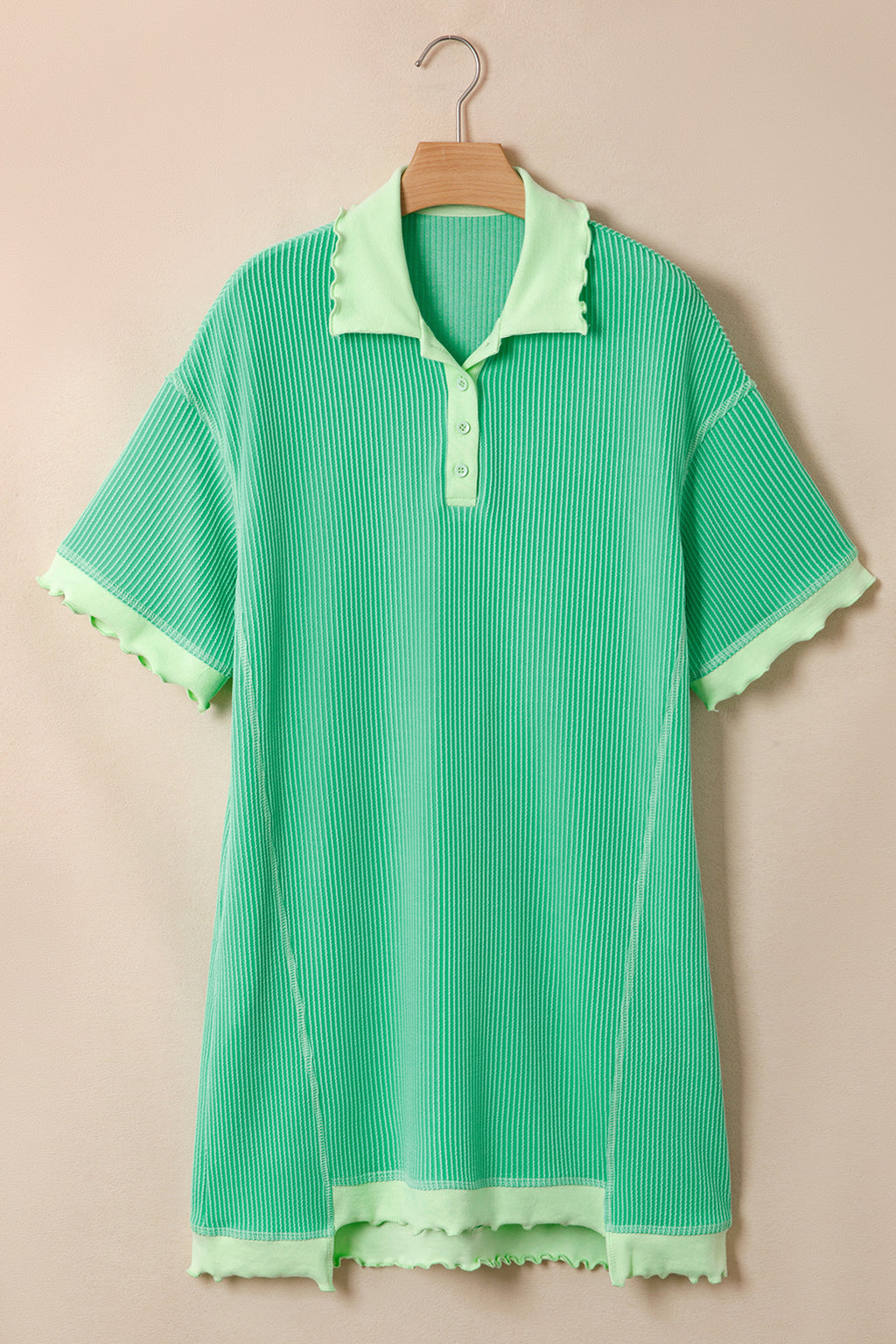 Mint Green Oversize Twist Ribbed Polo T Shirt Dress