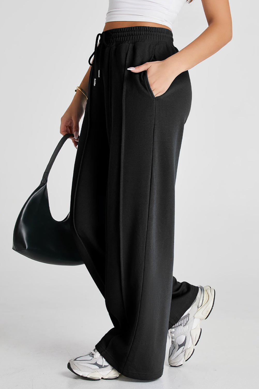Gray Seamed Drawstring High Waist Wide Leg Sweatpants