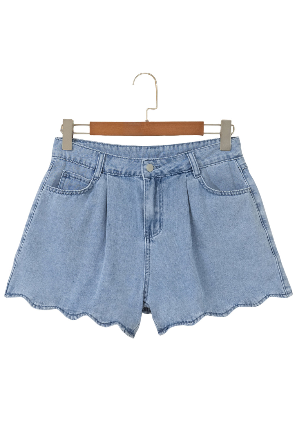 Solid Color Scalloped Trim Casual Denim Shorts