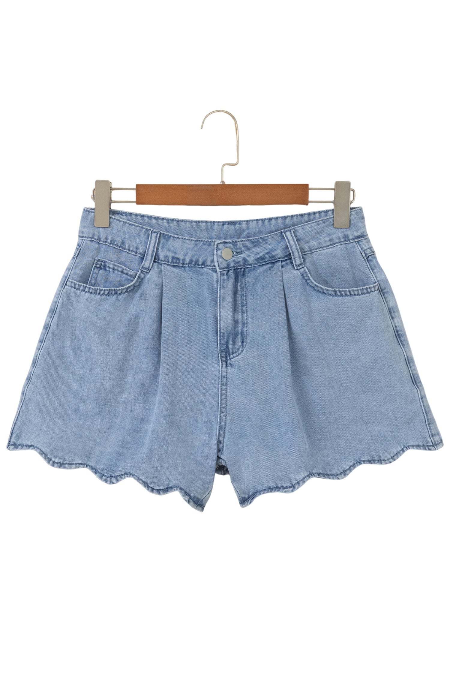 Solid Color Scalloped Trim Casual Denim Shorts