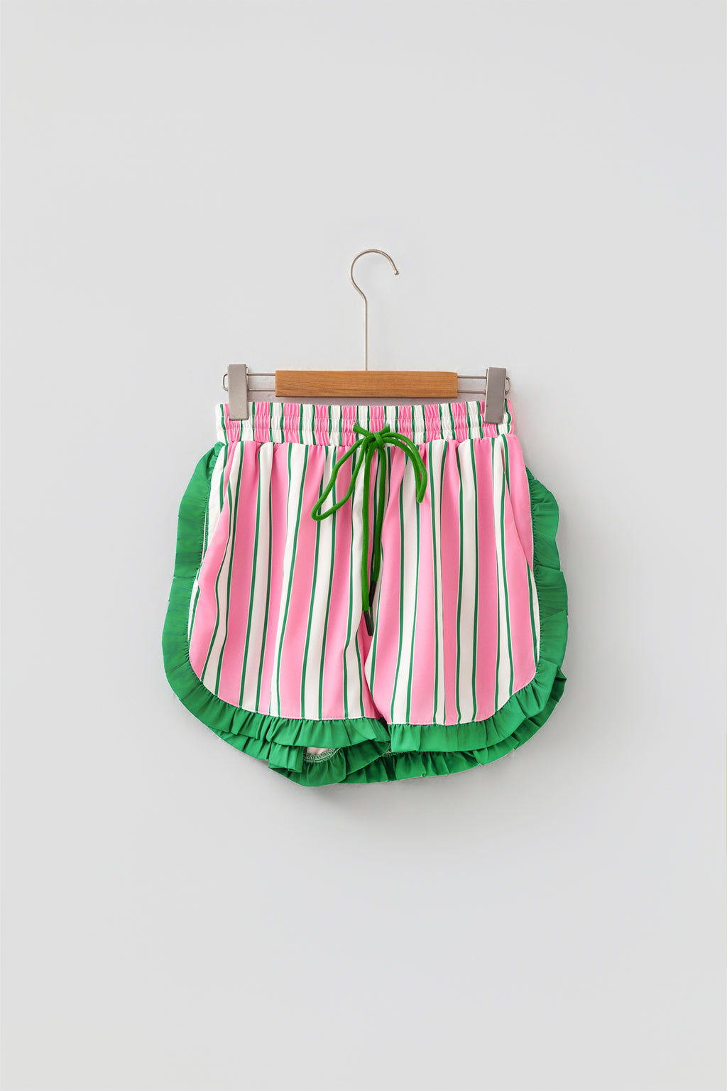 Pink Stripe Contrast Ruffle Trim Shorts