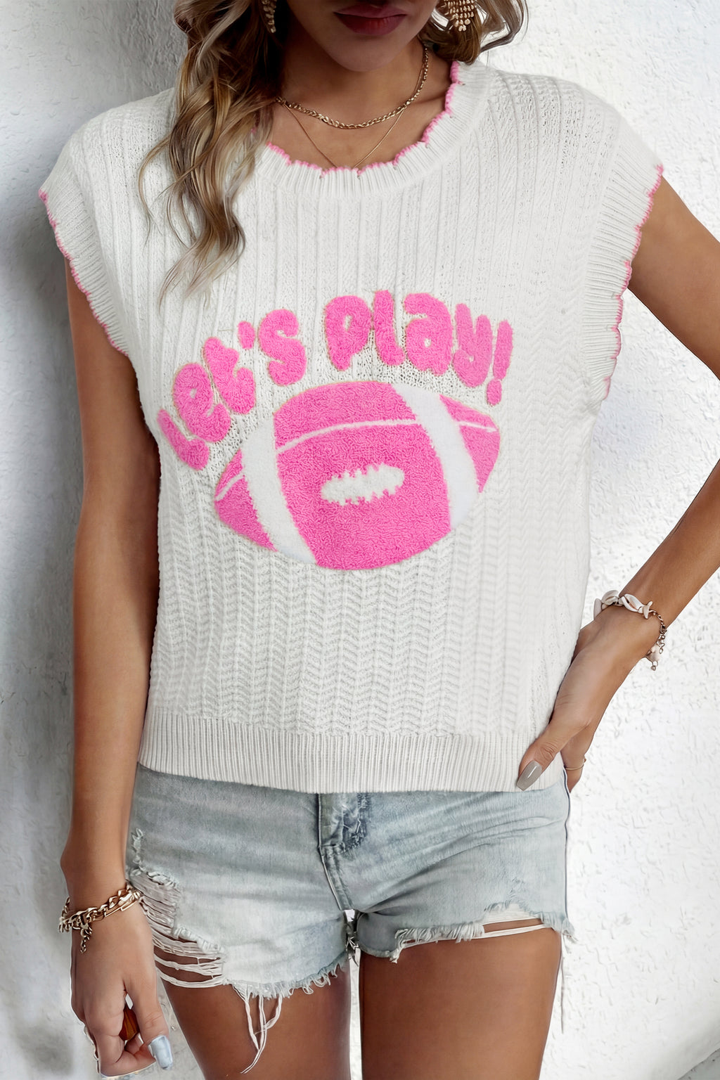 White Lets Play Pattern Textured Knit Casual Shift Sweater Vest