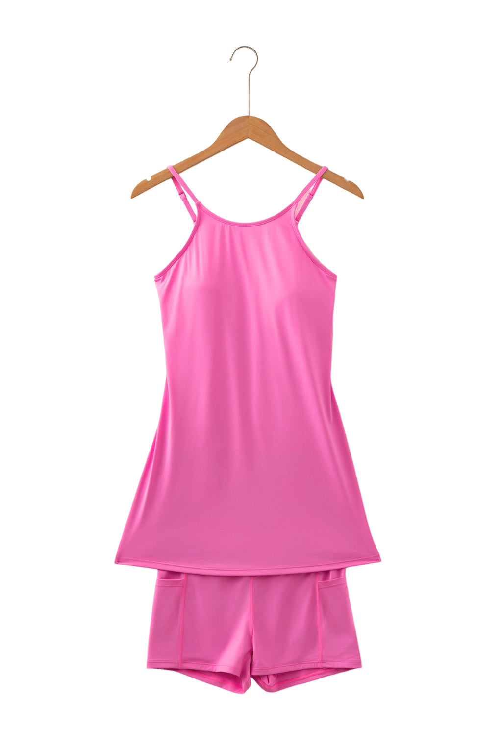 Bright Pink Solid Color Tunic Tank Dress Athletic Shorts Two Piece Set