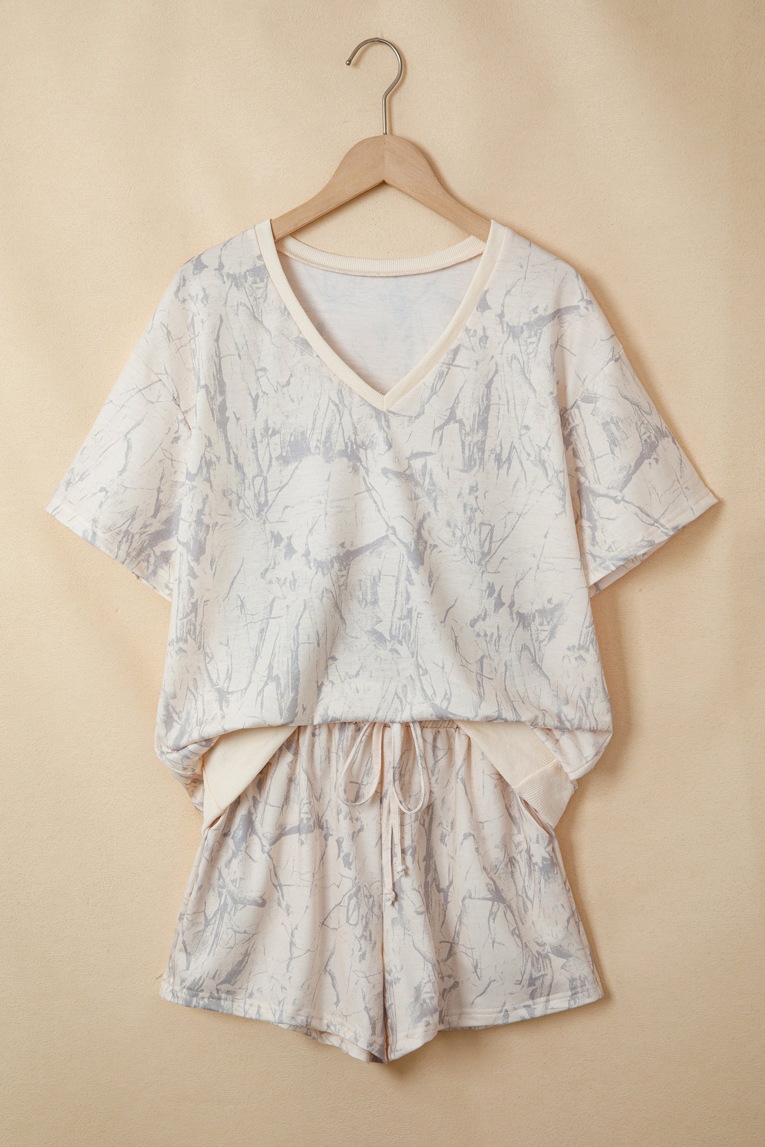 Khaki Abstract Print V Neck Loose Tee Drawstring Shorts 2pcs Outfit