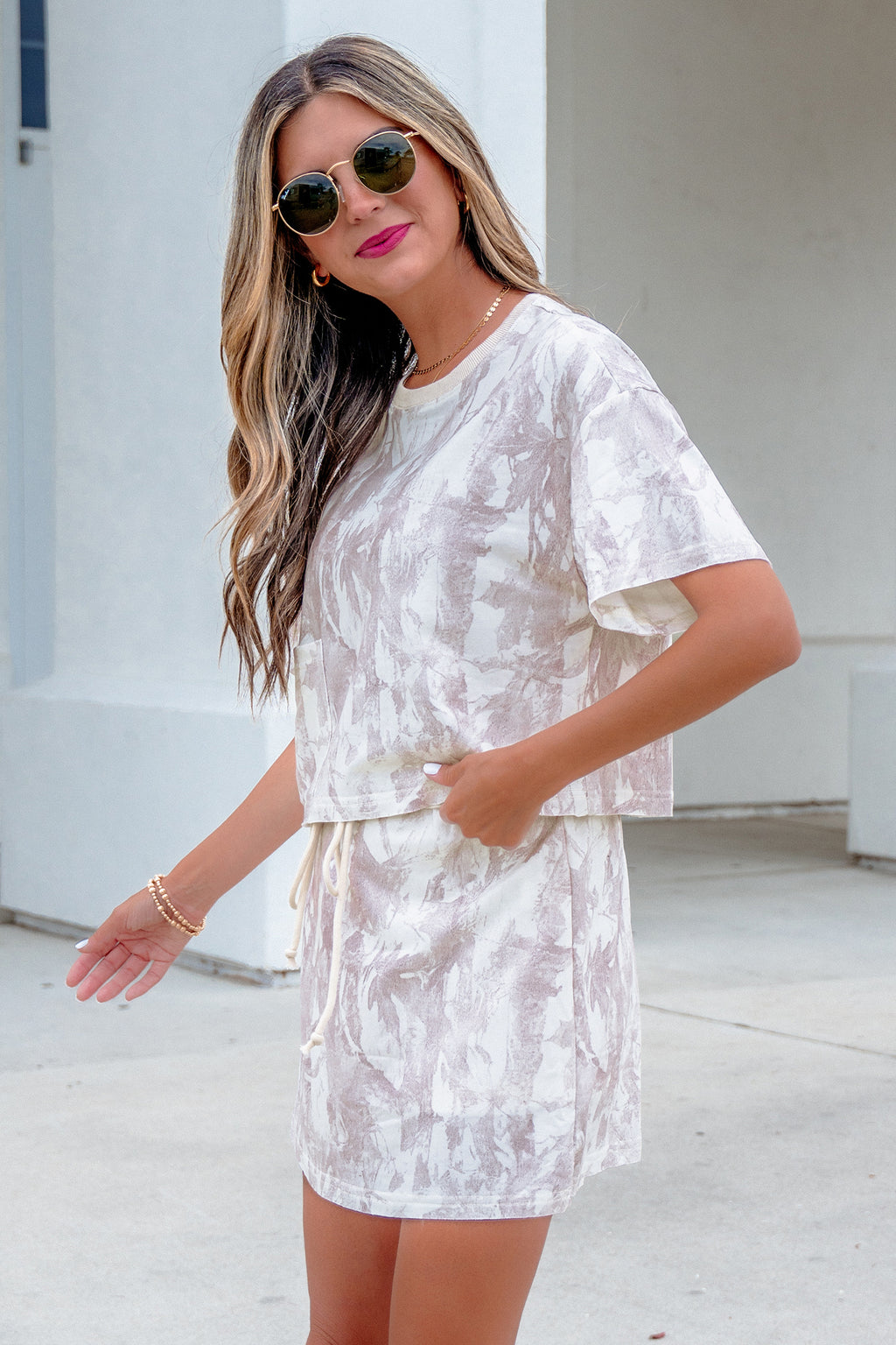 Gray Woodland Camo Print Raw Edge Cropped Top Skirt Set