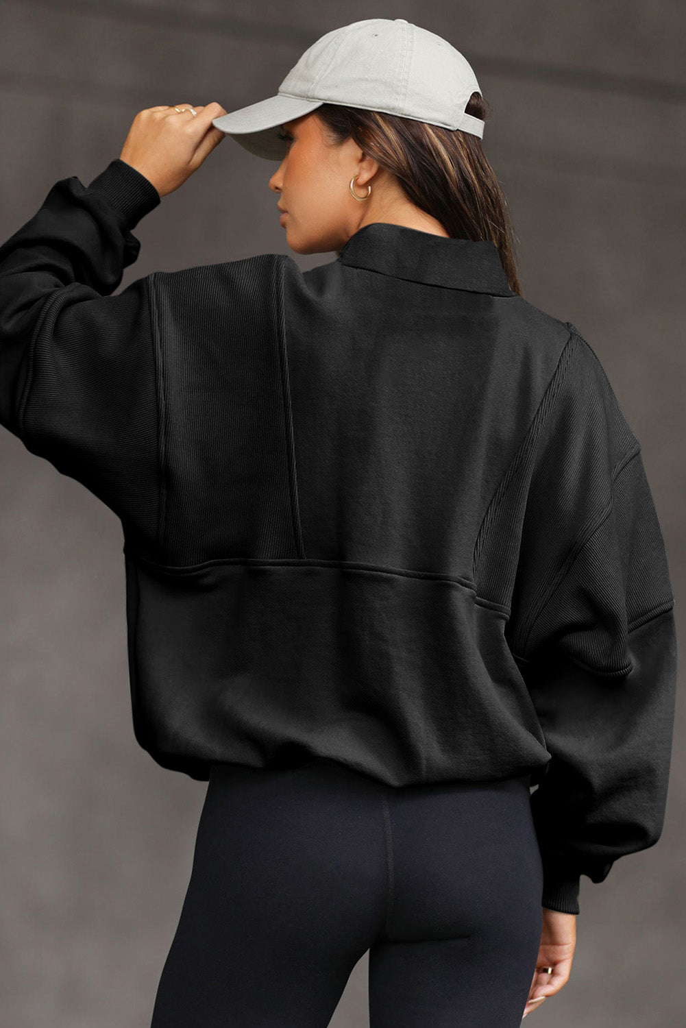 Gray Half Zip Stand Collar Exposed Seam Solid Color Casual Sweatshirt