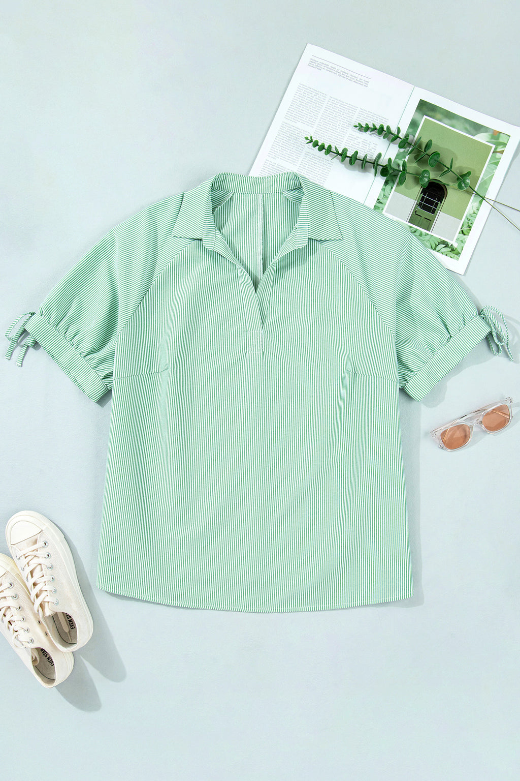 Mint Green Plus Size Striped Print Collar V Neck Short Sleeve Blouse