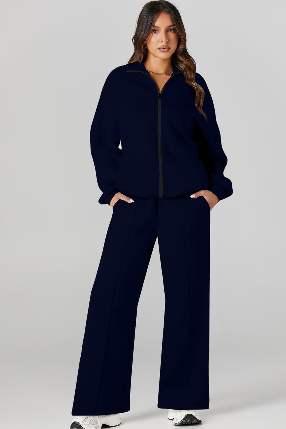 Clearly Aqua Drop Shoulder Zip Up Jacket Drawstring Pants Active 2pcs Set