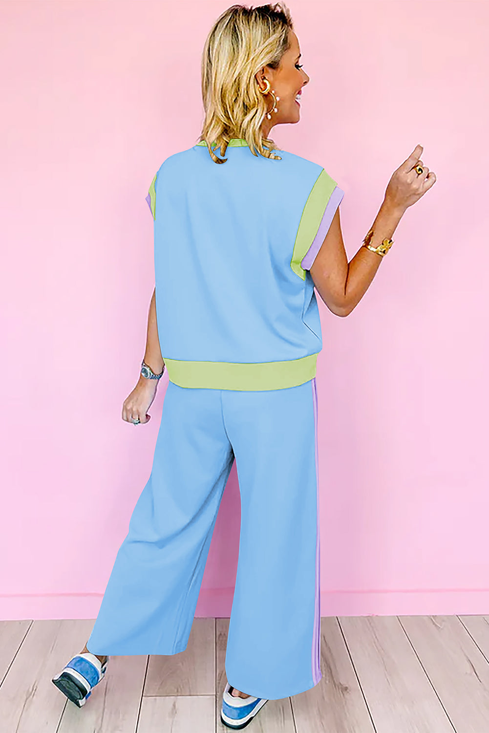 Racing Red Color Block Detail Casual Two-piece Set