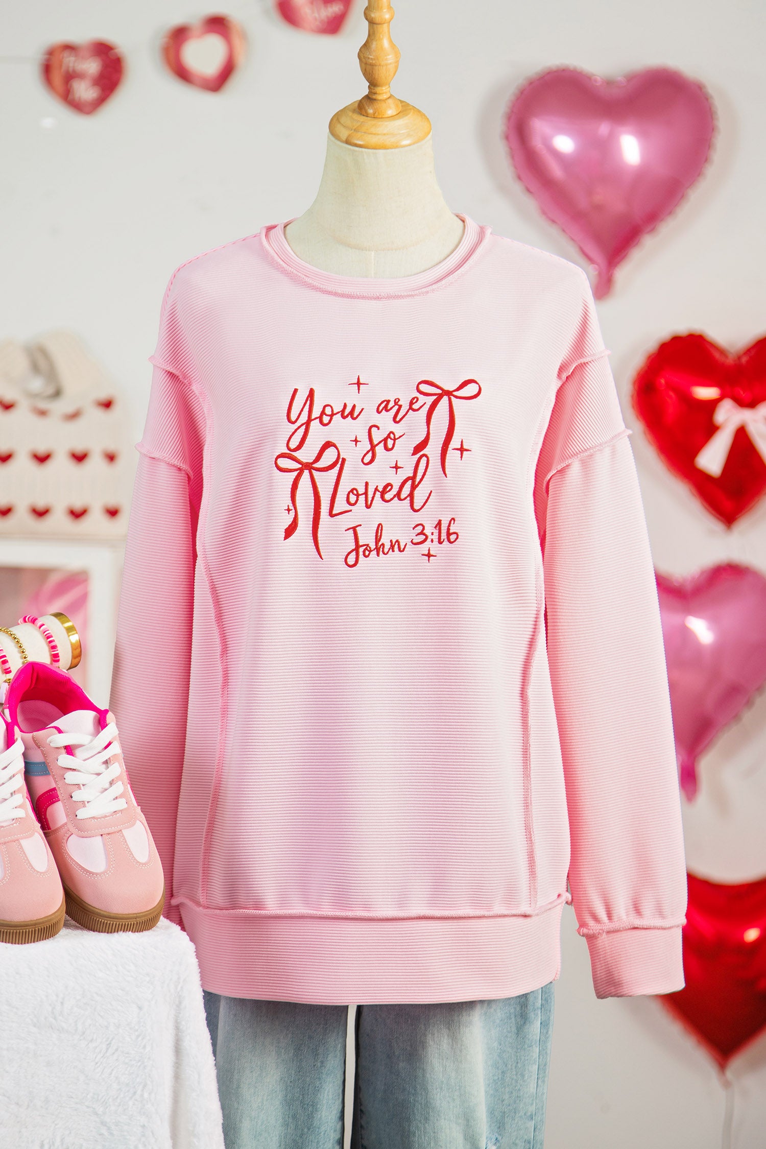 Pink you are so loved Bow Embroidered Graphic Pullover Top