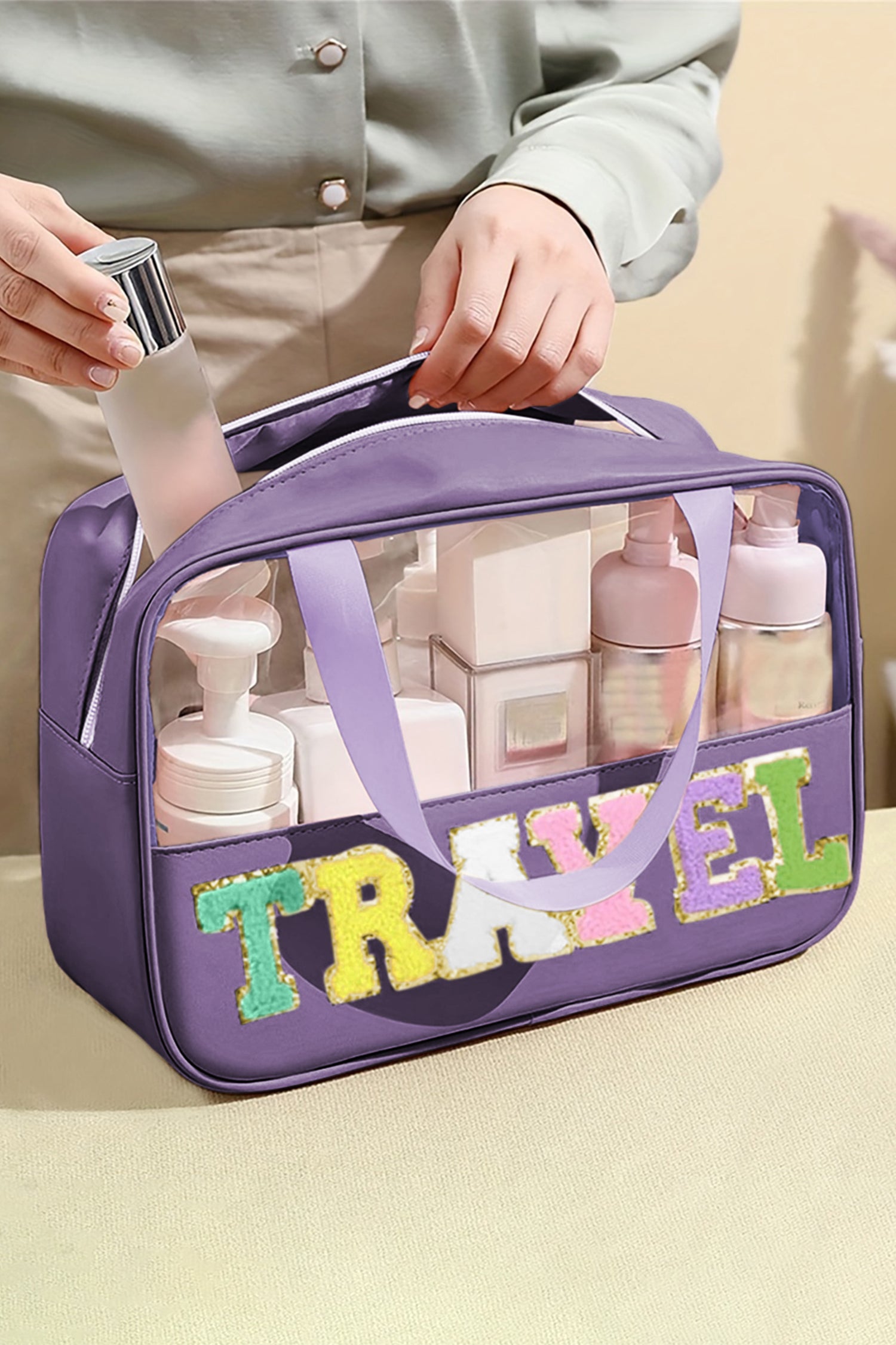 Light Pink TRAVEL Chenille Letter Clear PVC Makeup Bag