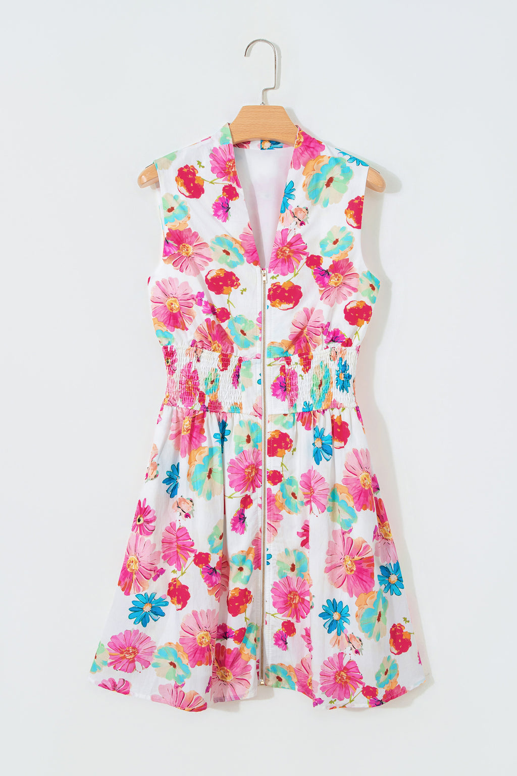 Pink Adorable Floral Print V Neck Zip Up Smocked Waist Flared Mini Dress