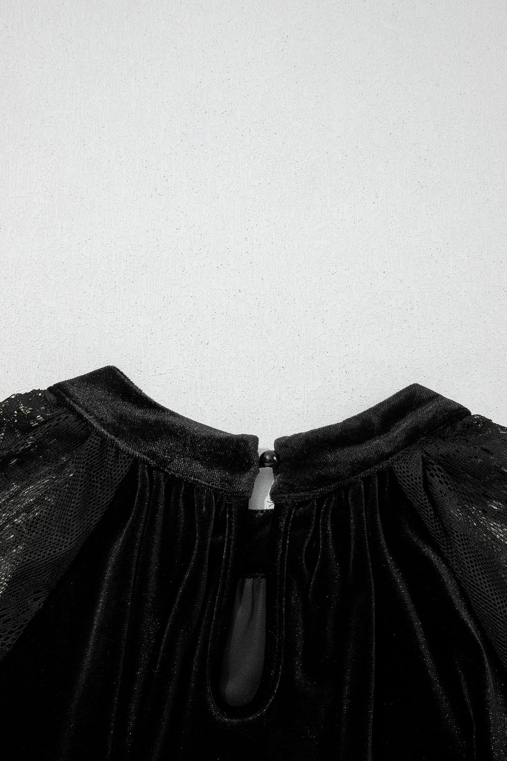 Color Black Solid Color Sheer Lace Long Sleeve Patchwork Stand Neck Velvet Blouse