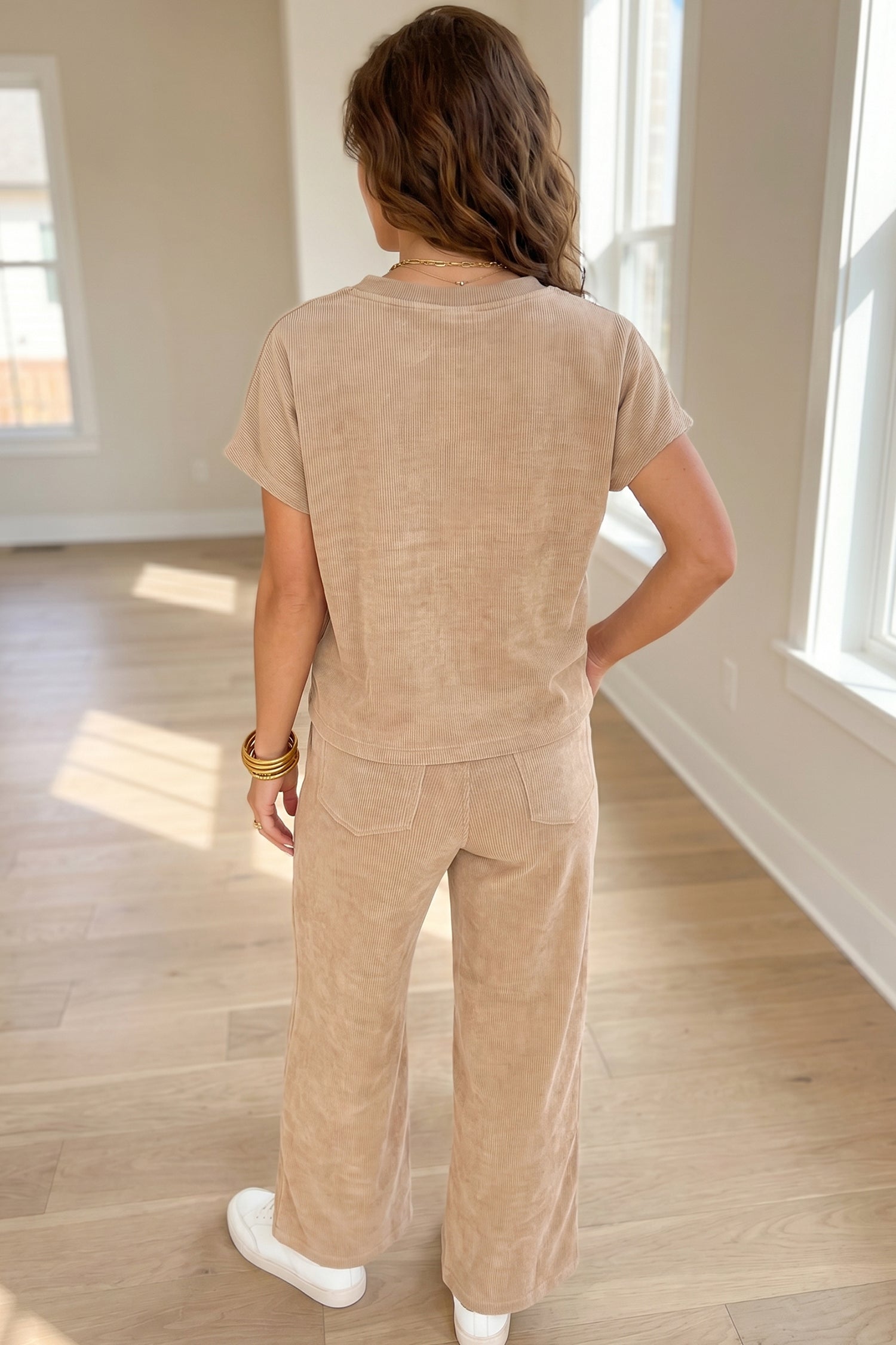 Light French Beige Solid Color Short Sleeve Top Casual Pants 2pcs Corduroy Set