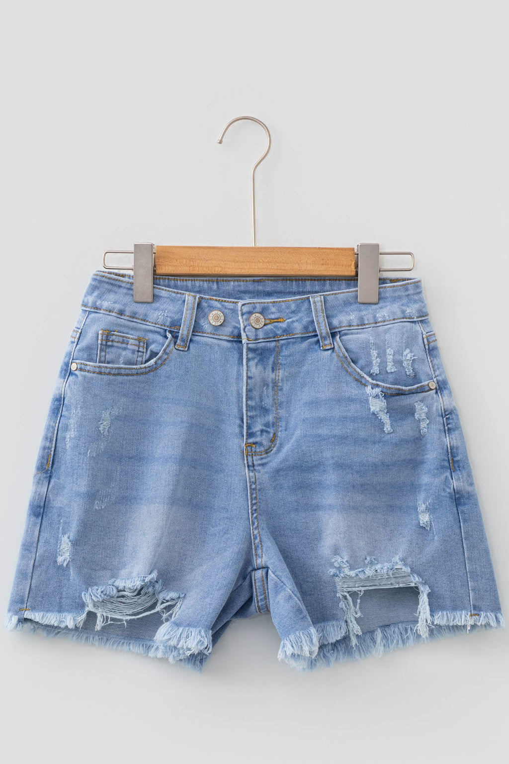 Beau Blue Asymmetric Raw Hem Distressed Whiskery Denim Shorts