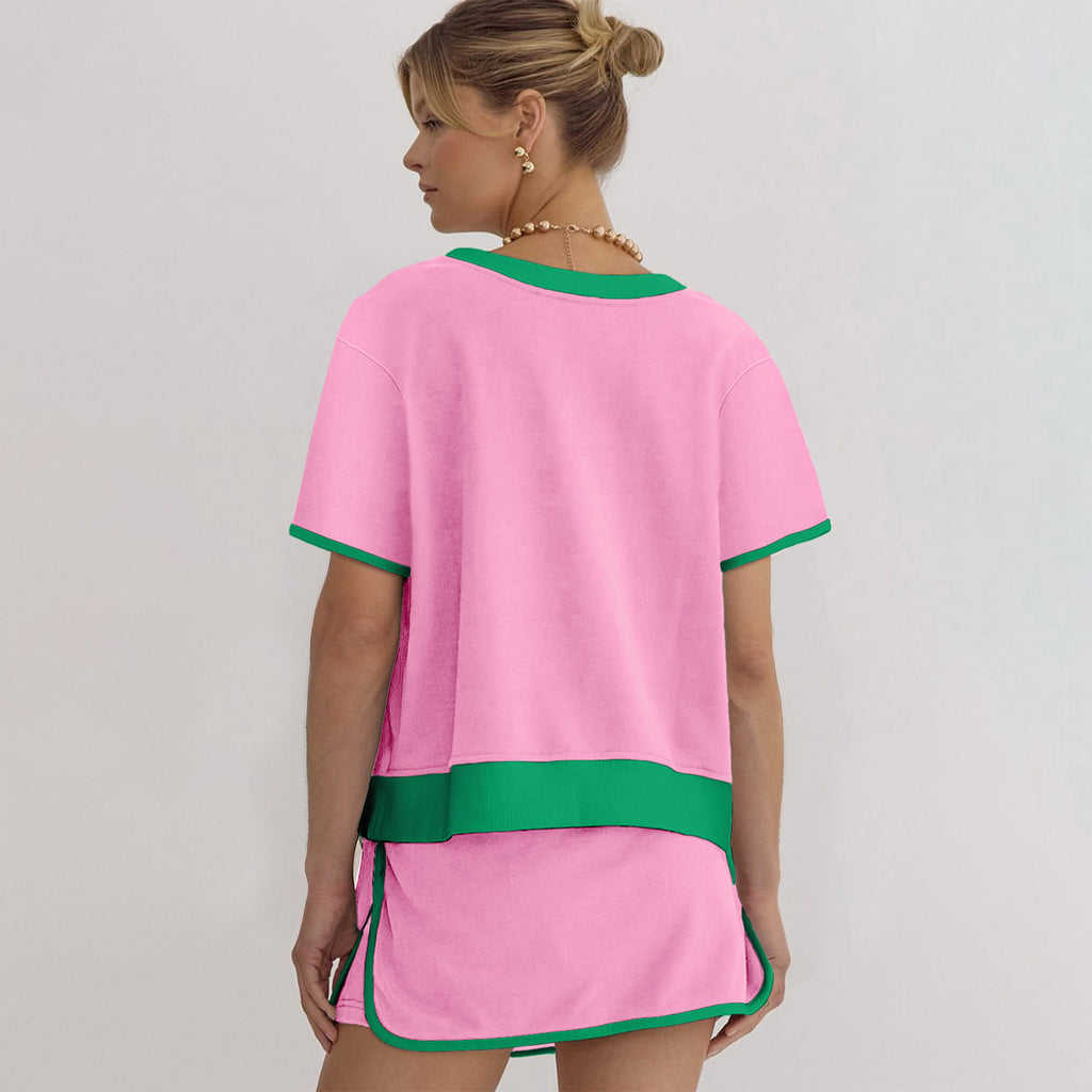 Apricot Colorblock Edge Drop Shoulder T Shirt and Skort 2Pcs Set