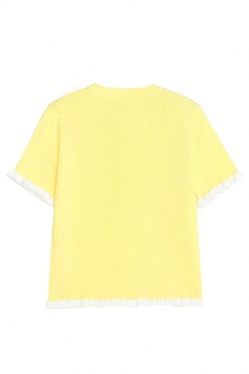 Yellow Cream Ribbed Knit Contrast Frilled Short Sleeve Sweater Cardigan
