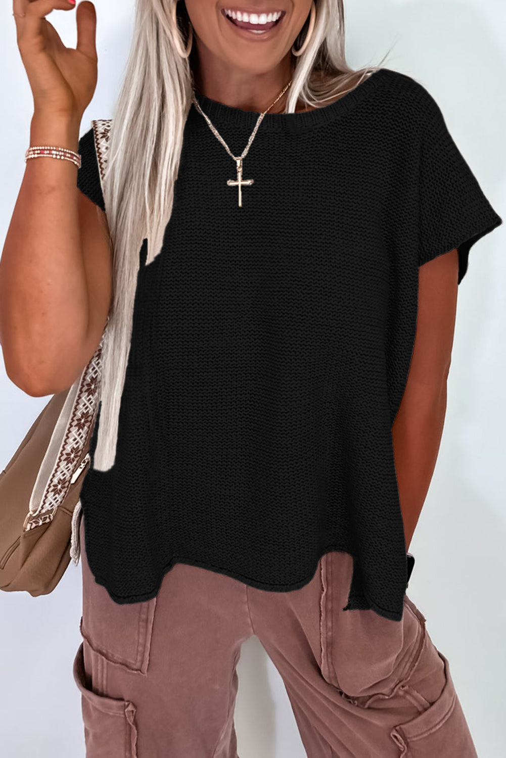 Jet Stream Solid Color Sweater Tee with Side Slits