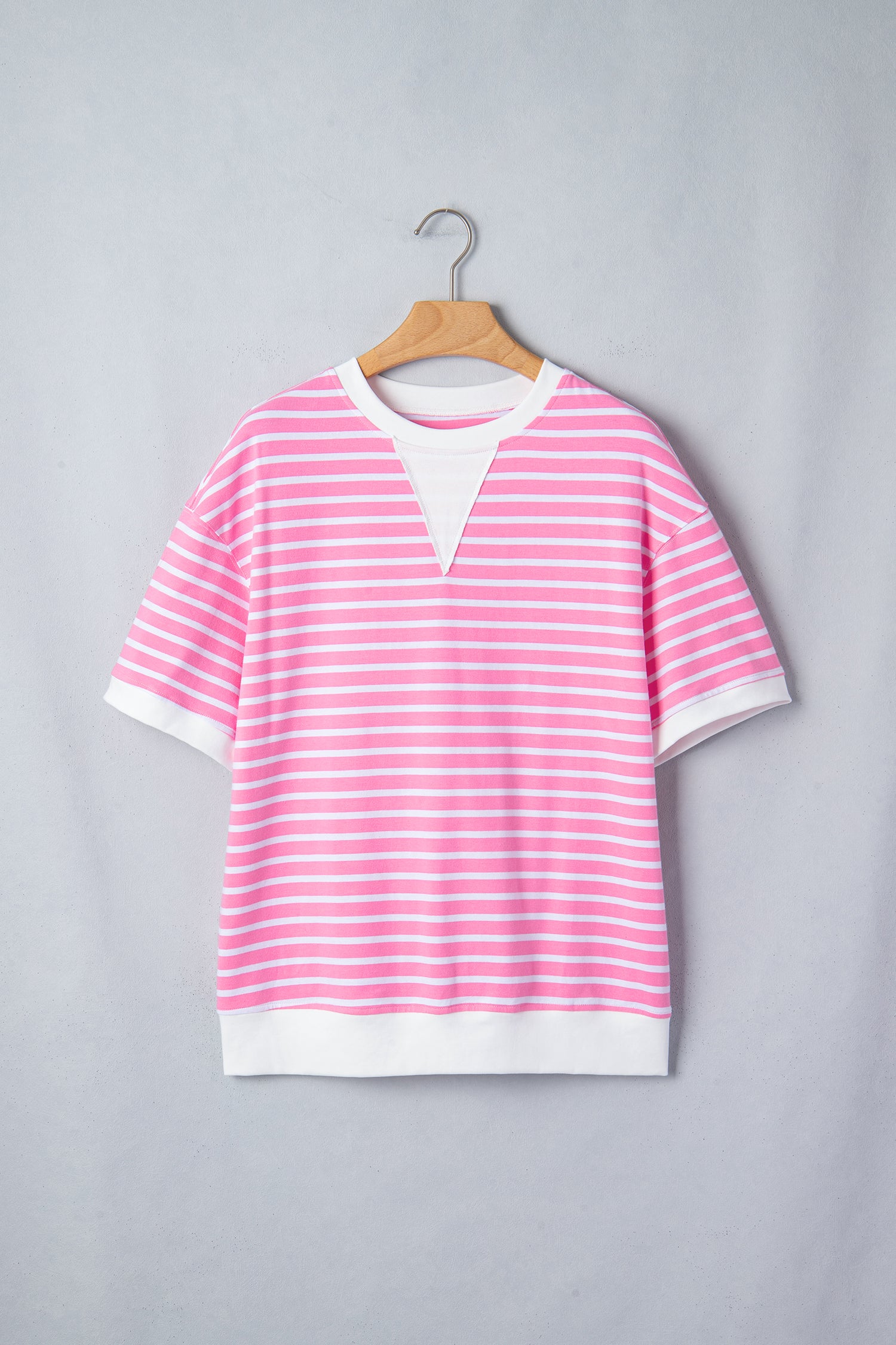 Pink Stripe Round Neck Drop Shoulder Short Sleeve Loose Top