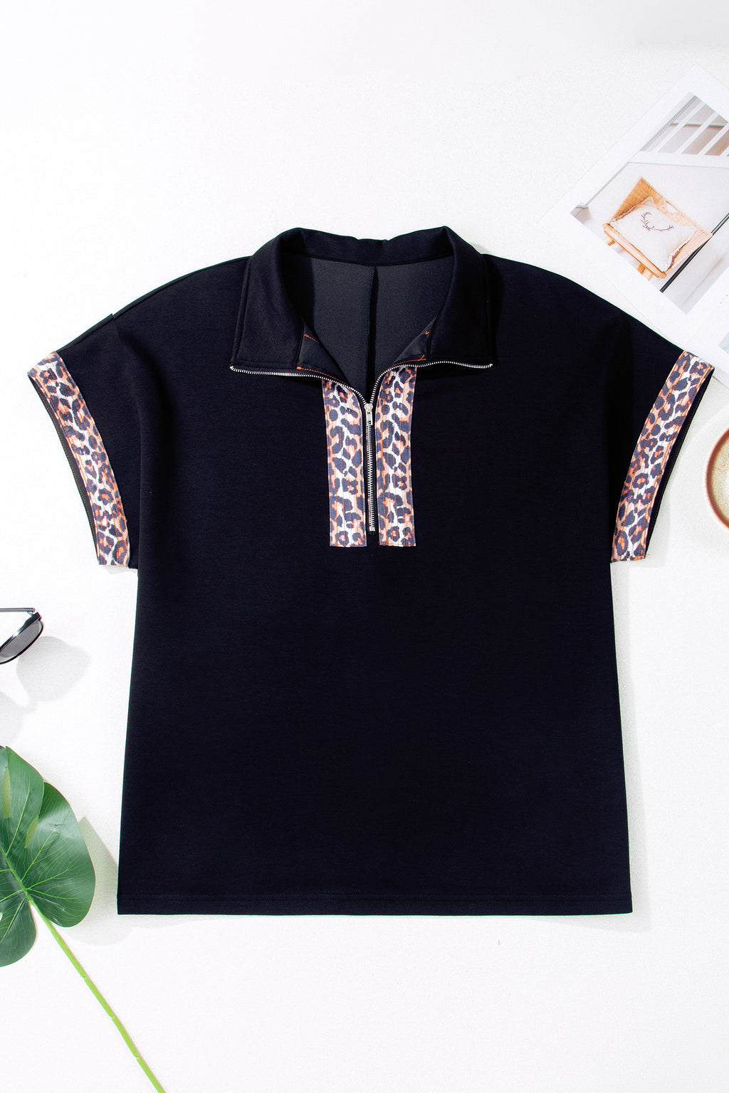 Black Plus Size Leopard Patchwork Half Zip Short Sleeve Top