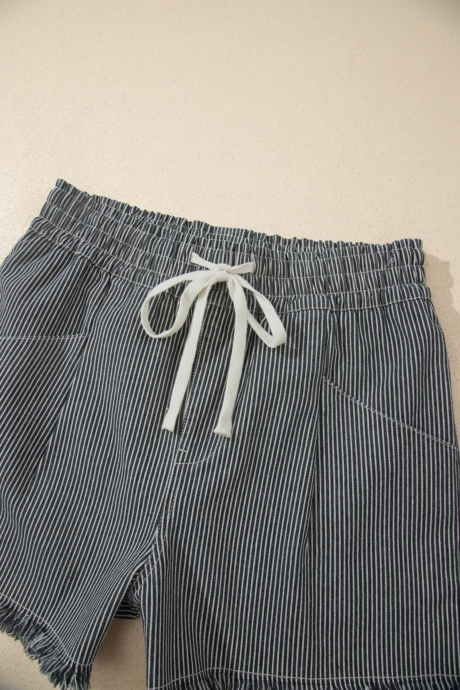 Black Stripe Raw Edge Drawstring Elastic Waist Casual Denim Shorts