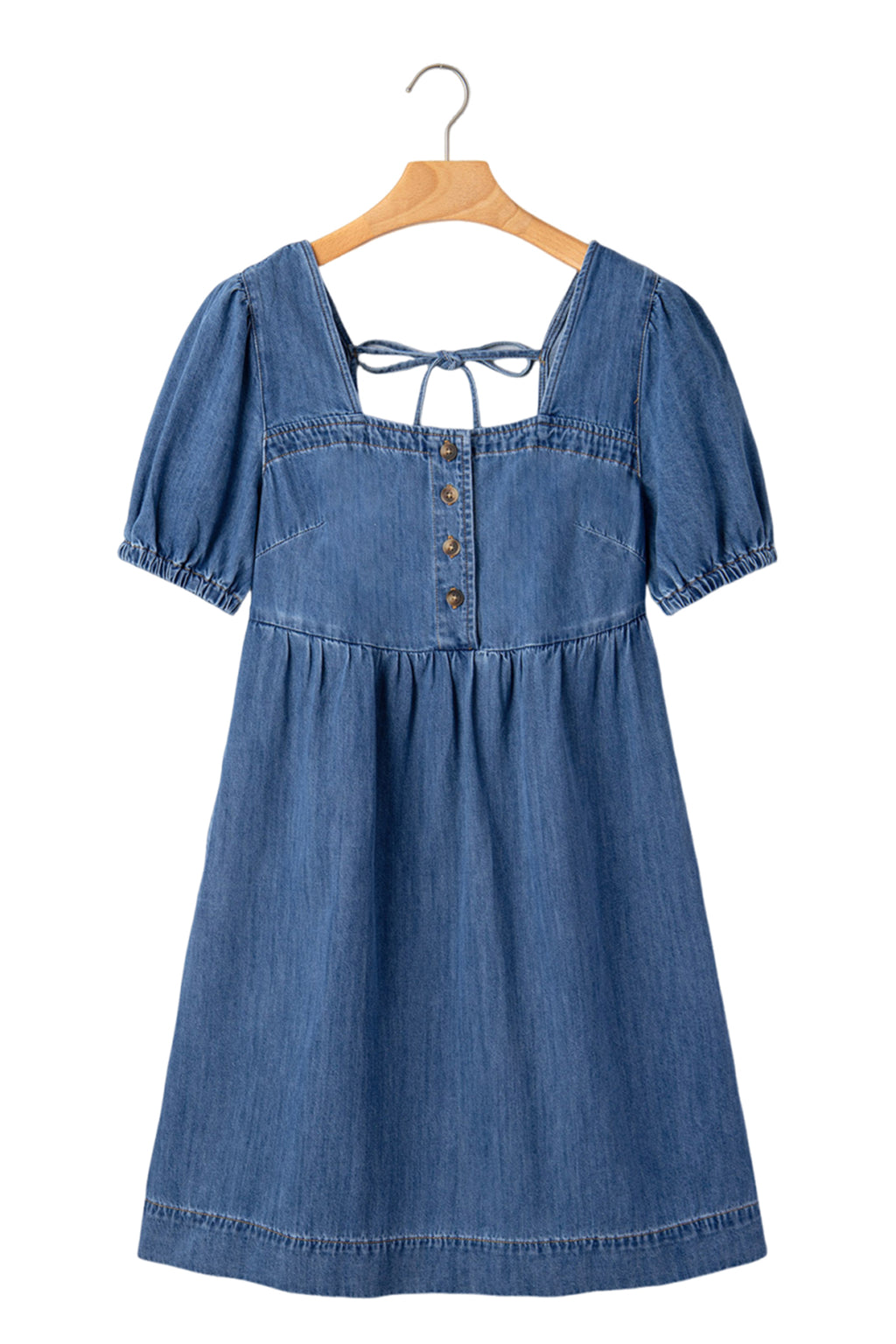 Prussian Blue Button Square Neck Short Puff Sleeve Denim Mini Dress