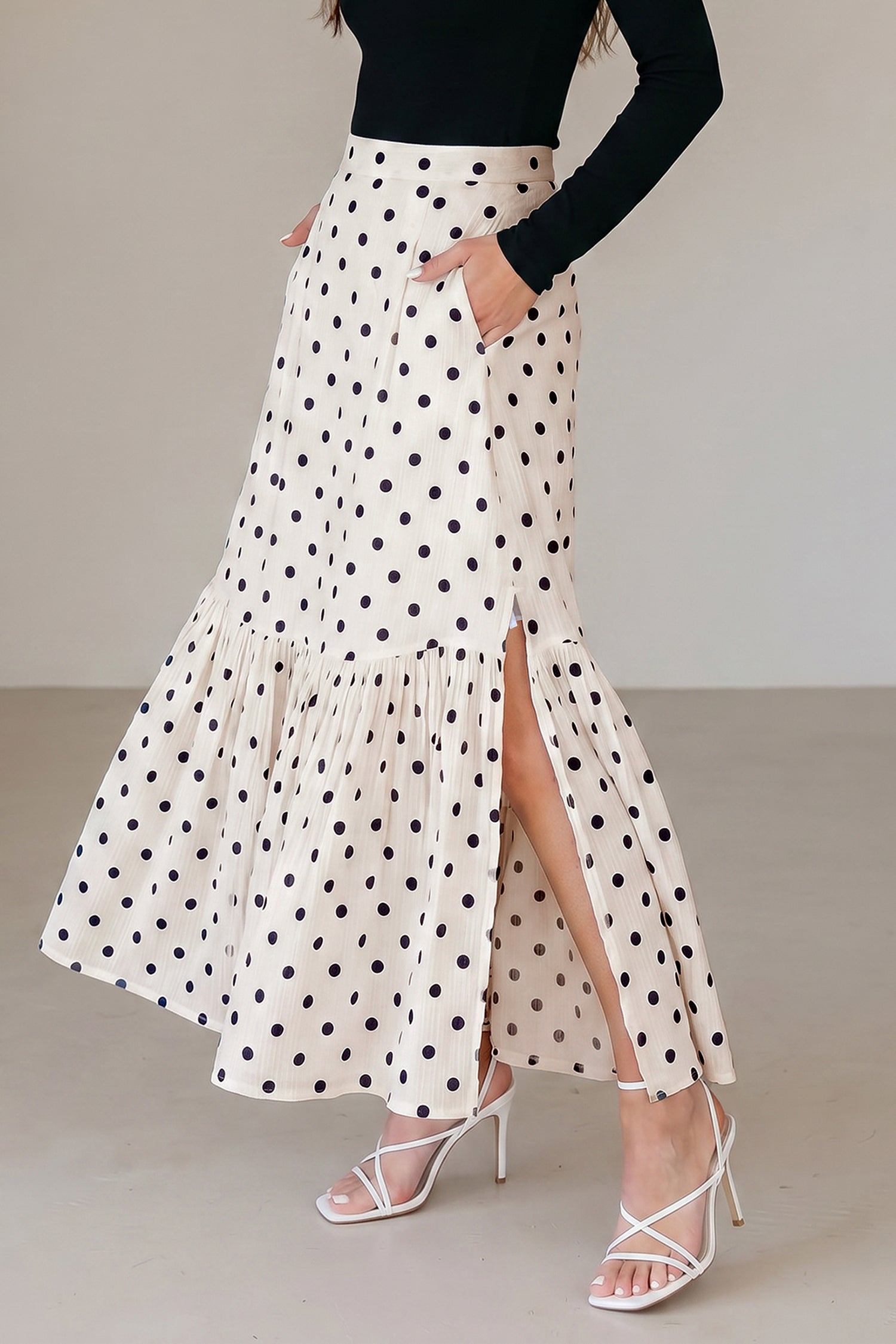 White Polka Dot Ruffled Slit Maxi Skirt