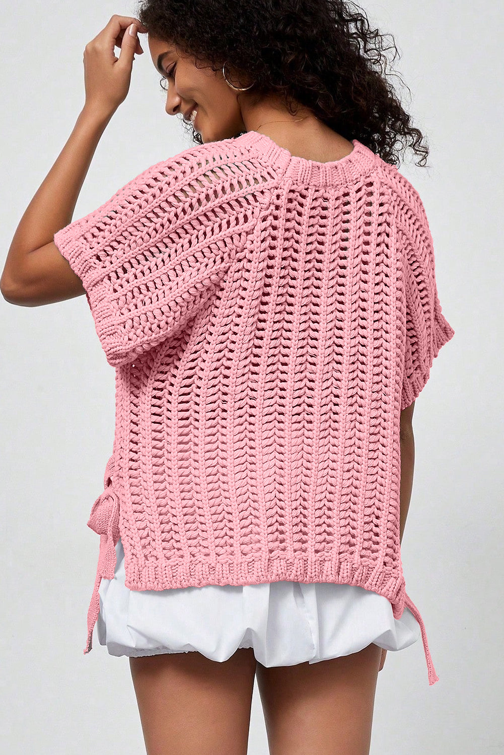 Black Plus Size Open Knit Bow Tie Short Sleeve Sweater