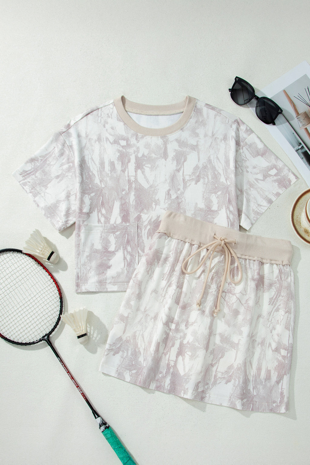 Gray Woodland Camo Print Raw Edge Cropped Top Skirt Set