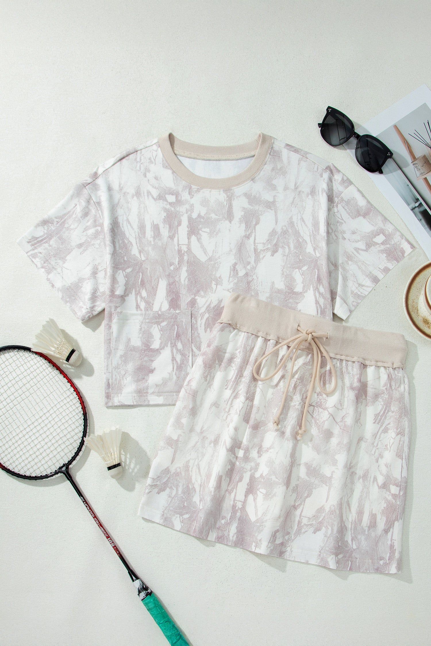 Gray Woodland Camo Print Raw Edge Cropped Top Skirt Set