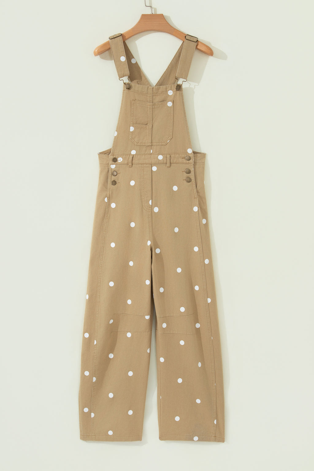 Light French Beige Polka Dot Print Bib Pocket Denim Barrel Overalls Jumpsuit
