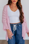 Pink Hollowed Pattern Knit Drop Shoulder Open Sweater Cardigan