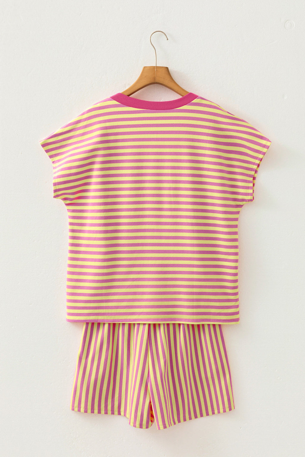 Pink Stripe Colorblock Trim V Neck Tee Drawstring Elastic Waist Short Set