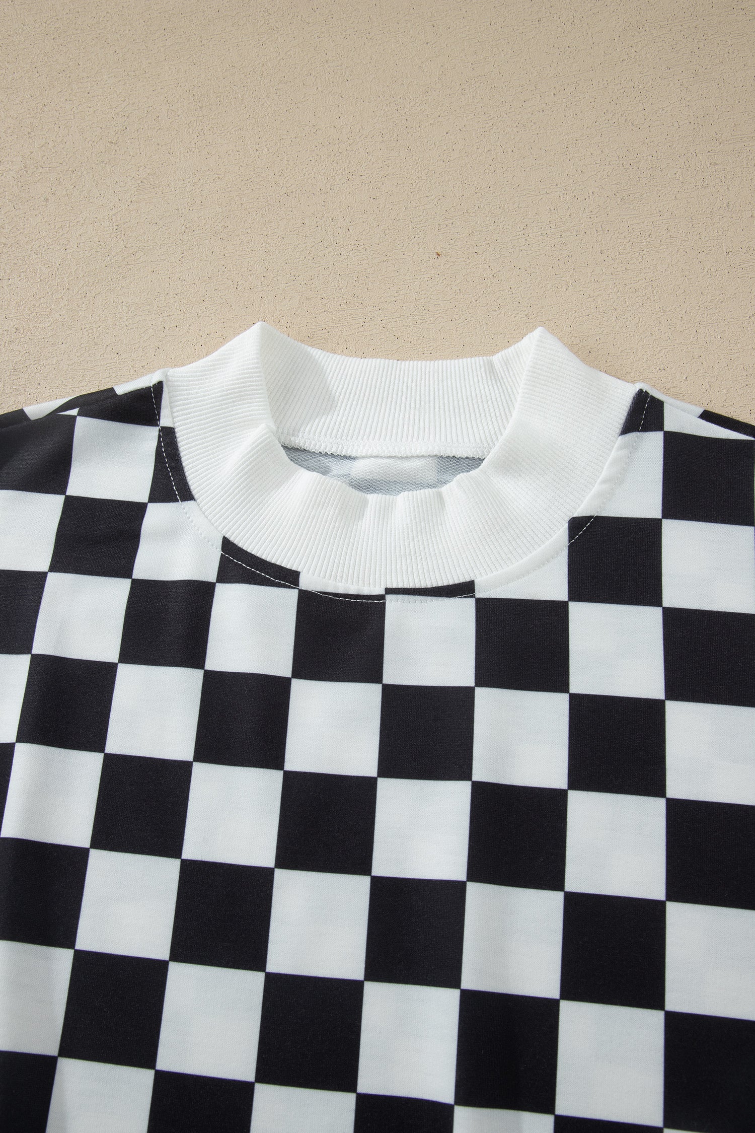 Pink Checkered Print Color Block Trim Mock Neck Short Set