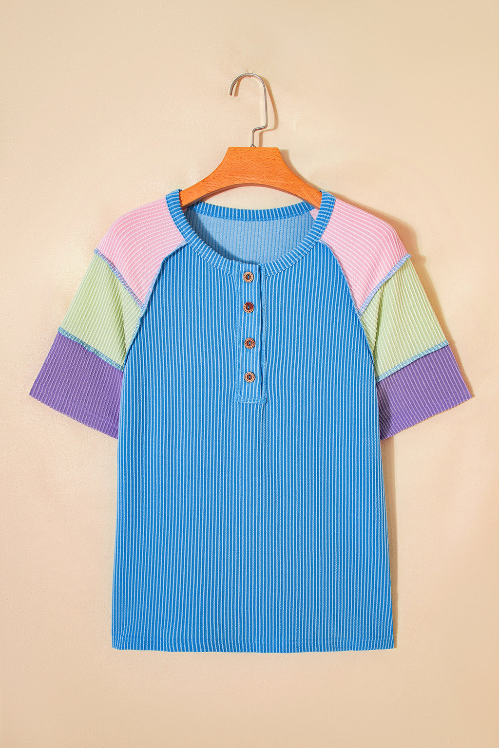 Blue Twisted Ribbed Color Block Patchwork Henley Short Sleeve T Shirt