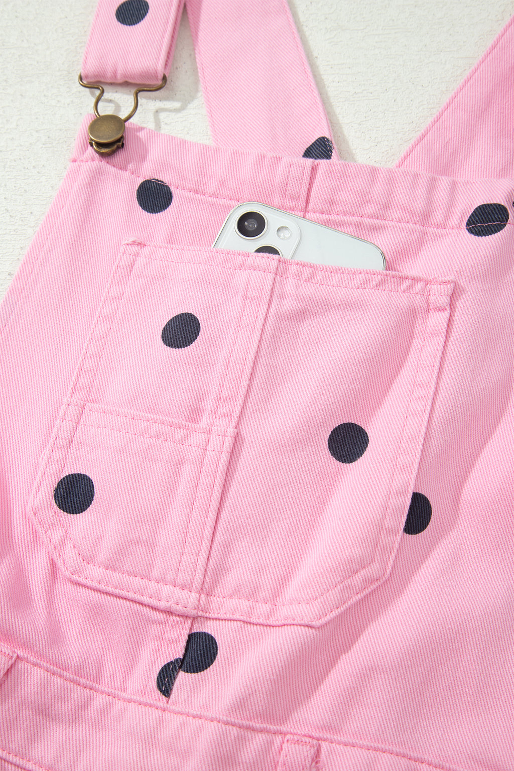 Light French Beige Polka Dot Print Bib Pocket Denim Barrel Overalls Jumpsuit