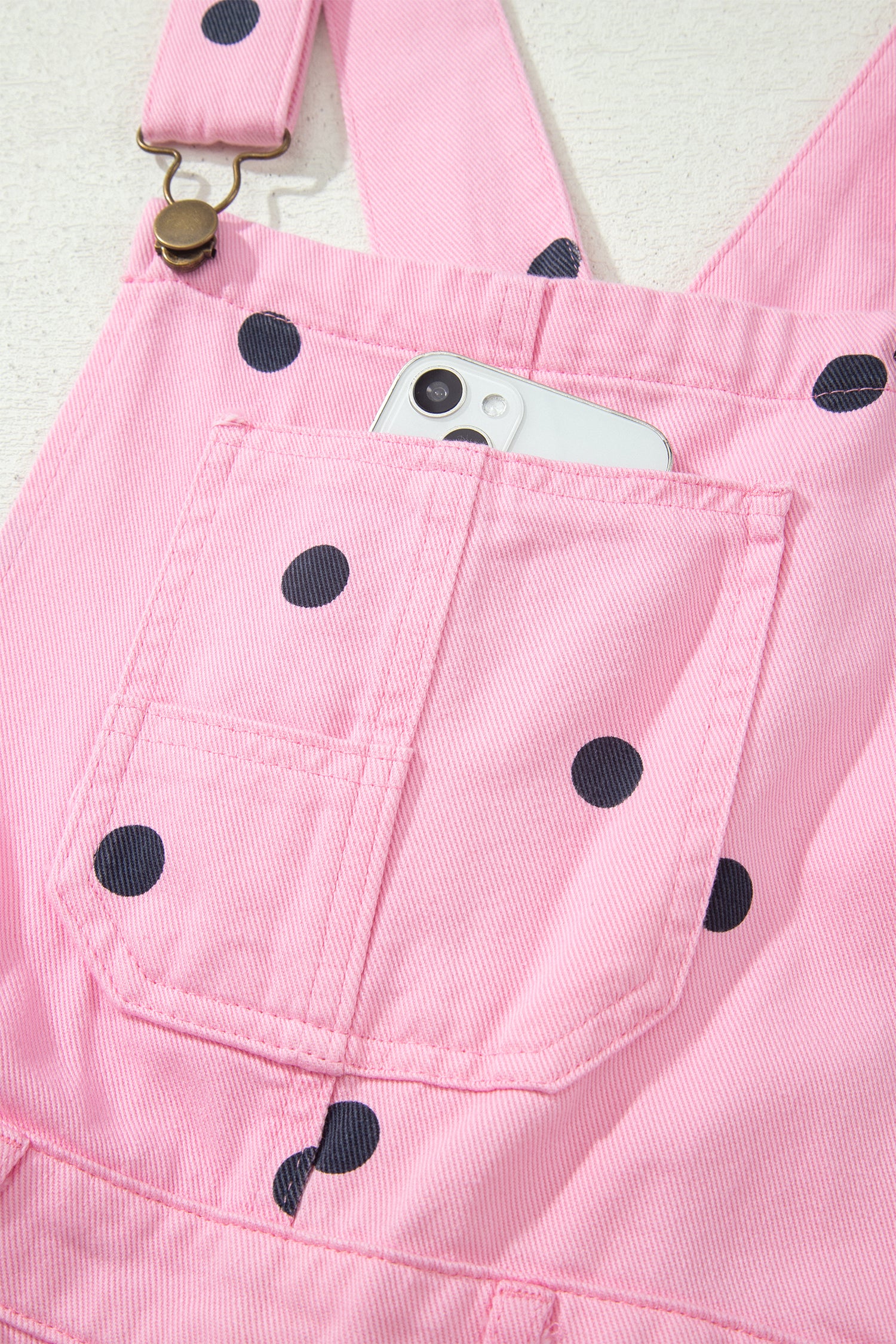 Light French Beige Polka Dot Print Bib Pocket Denim Barrel Overalls Jumpsuit