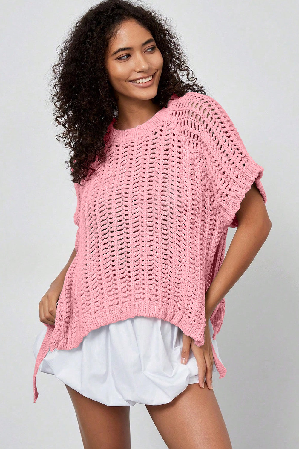 Black Plus Size Open Knit Bow Tie Short Sleeve Sweater