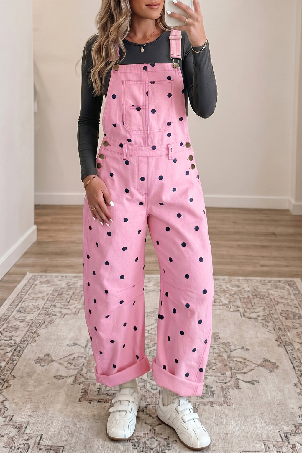 Light French Beige Polka Dot Print Bib Pocket Denim Barrel Overalls Jumpsuit