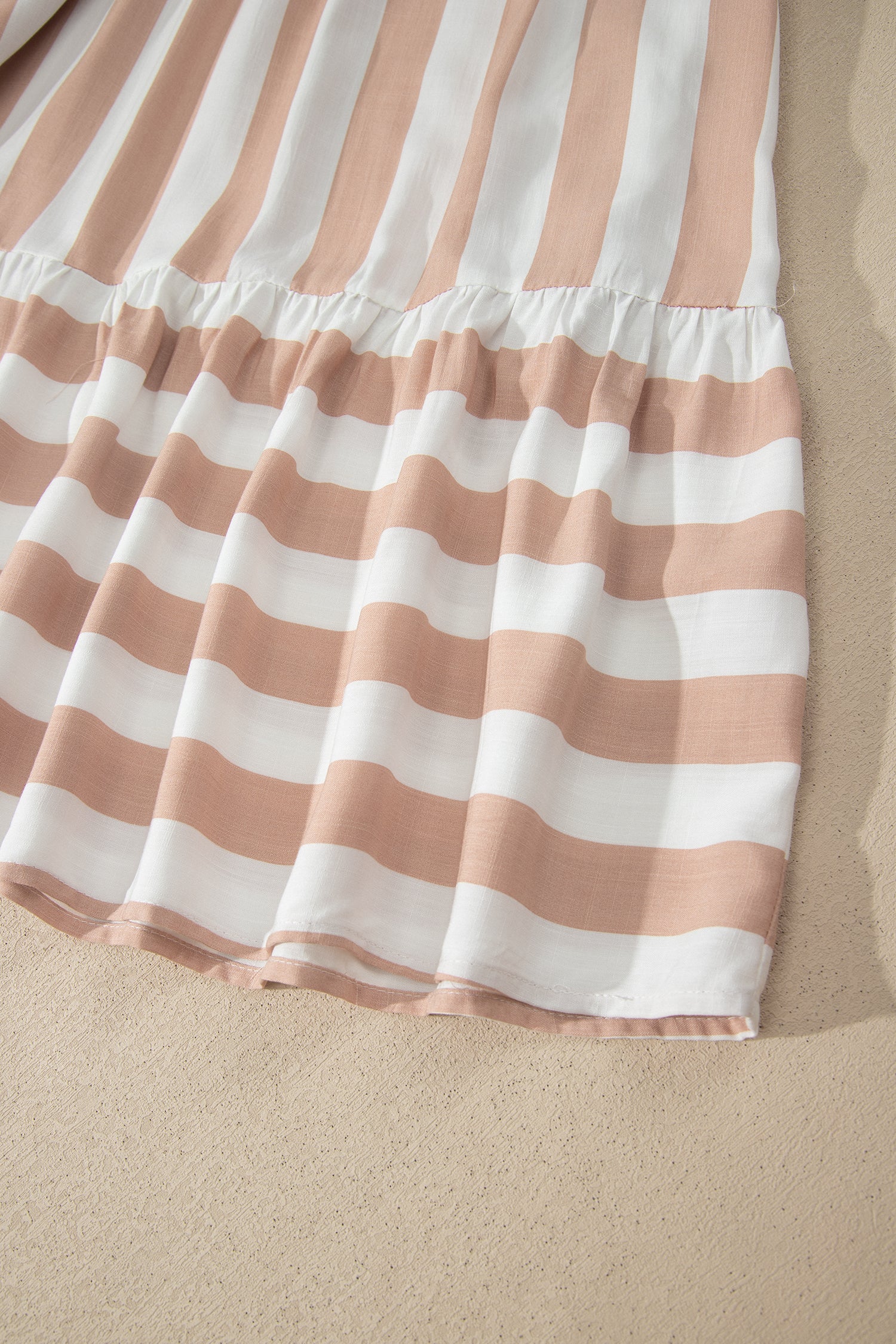 Khaki Stripe Tie V Neck Ruffle Trim Short Sleeve Flared Summer Dress