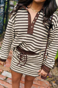 Brown Stripe Contrast Trim Button Neck Long Sleeve Top Drawstring Mini Skirt Set