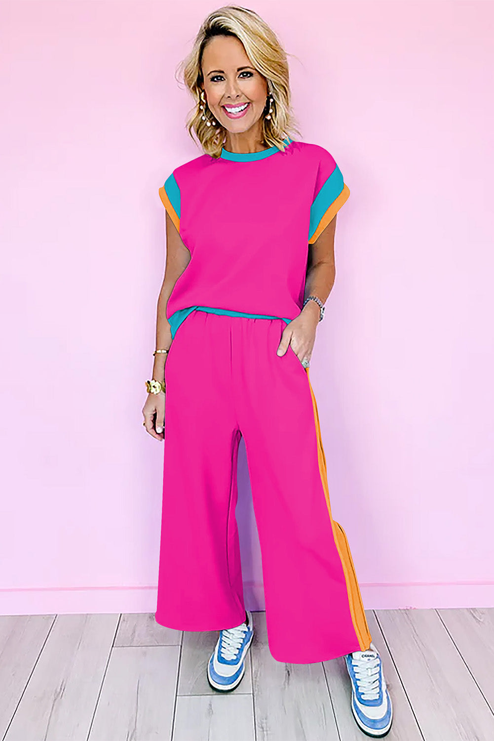 Racing Red Color Block Detail Casual Two-piece Set