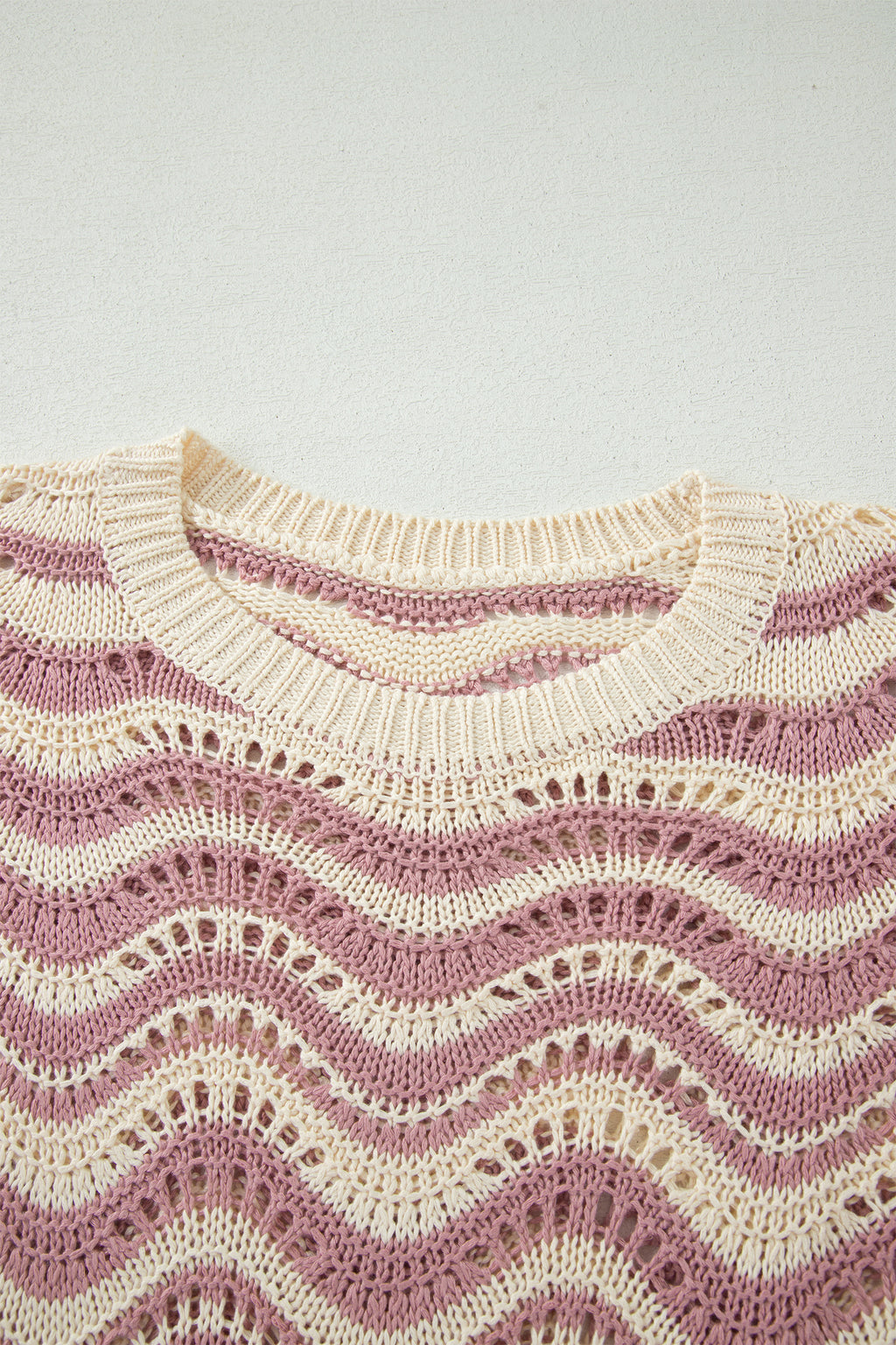 Black Stripe Wavy Crochet Eyelet Detail Ruffle Half Sleeve Sweater