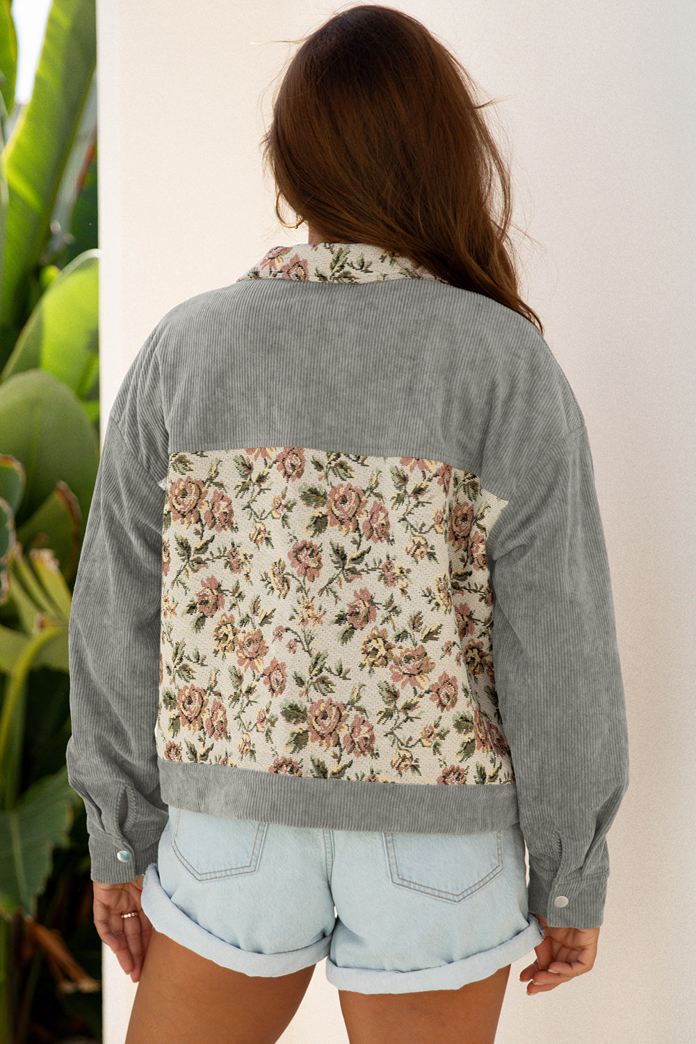 Clay Ribbed Retro Floral Patchwork Shirt Style Jacket