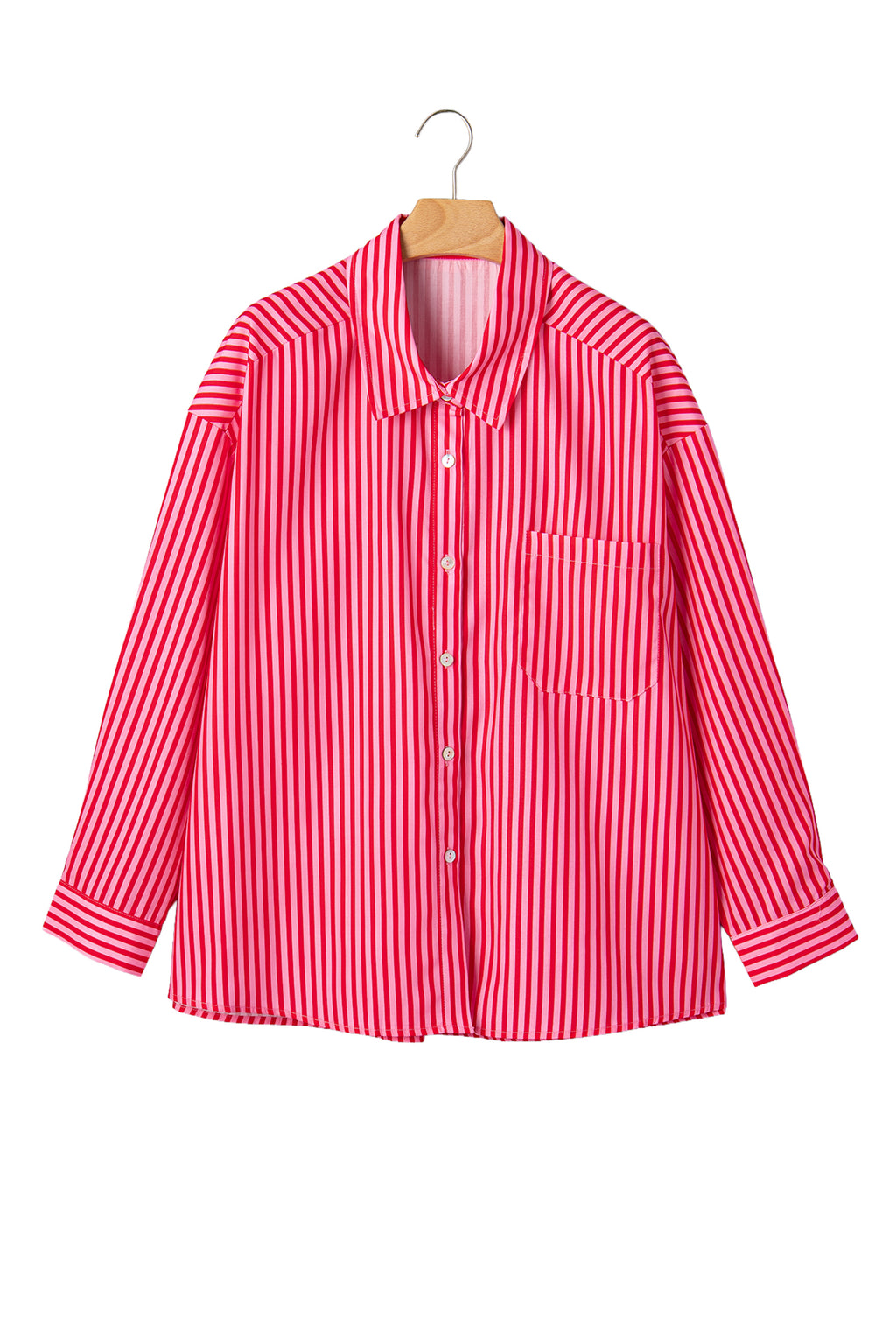 Red Stripe Button-Up Shirt Long Sleeve Patch Pocket Casual Shirt
