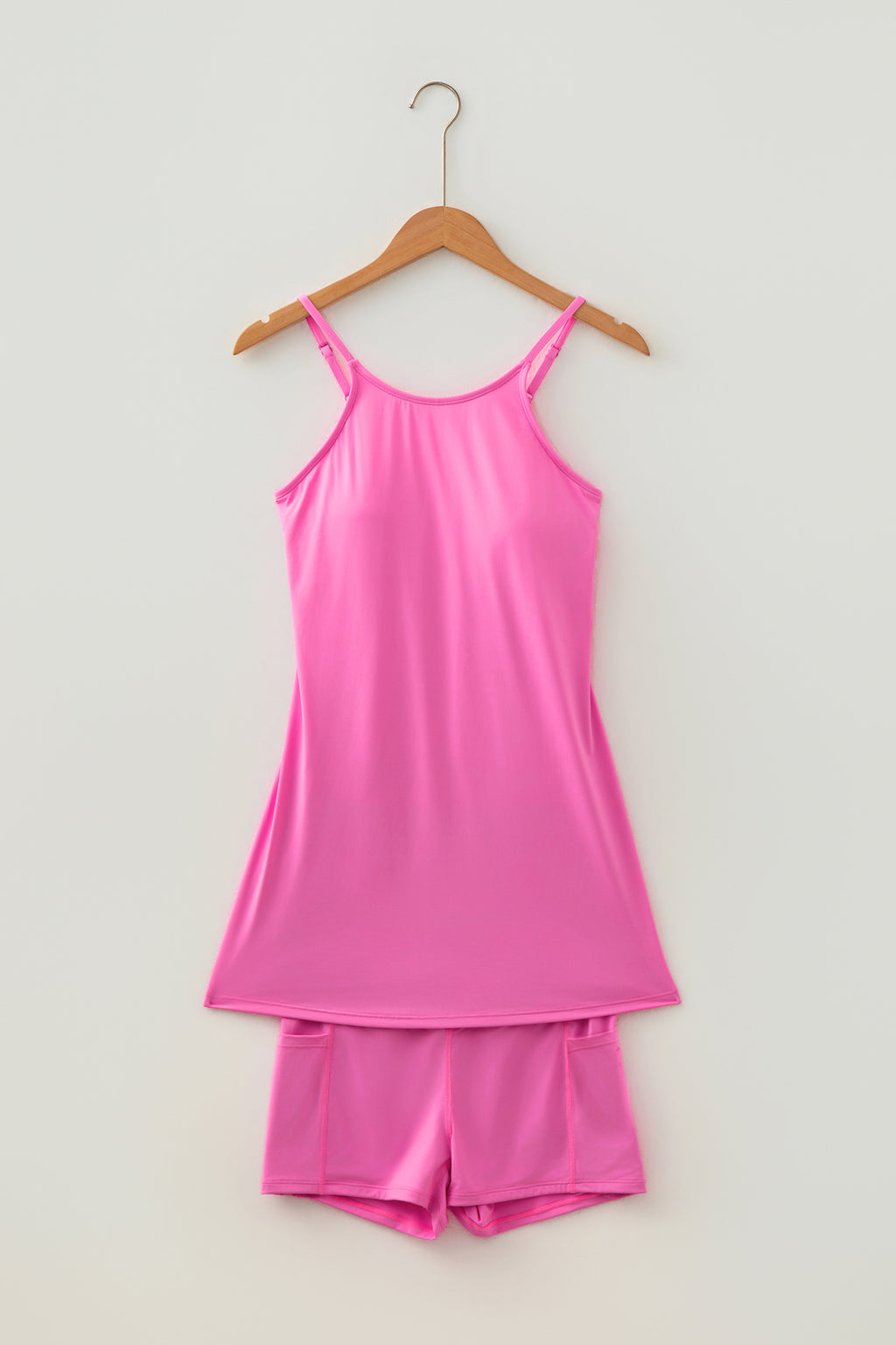 Bright Pink Solid Color Tunic Tank Dress Athletic Shorts Two Piece Set