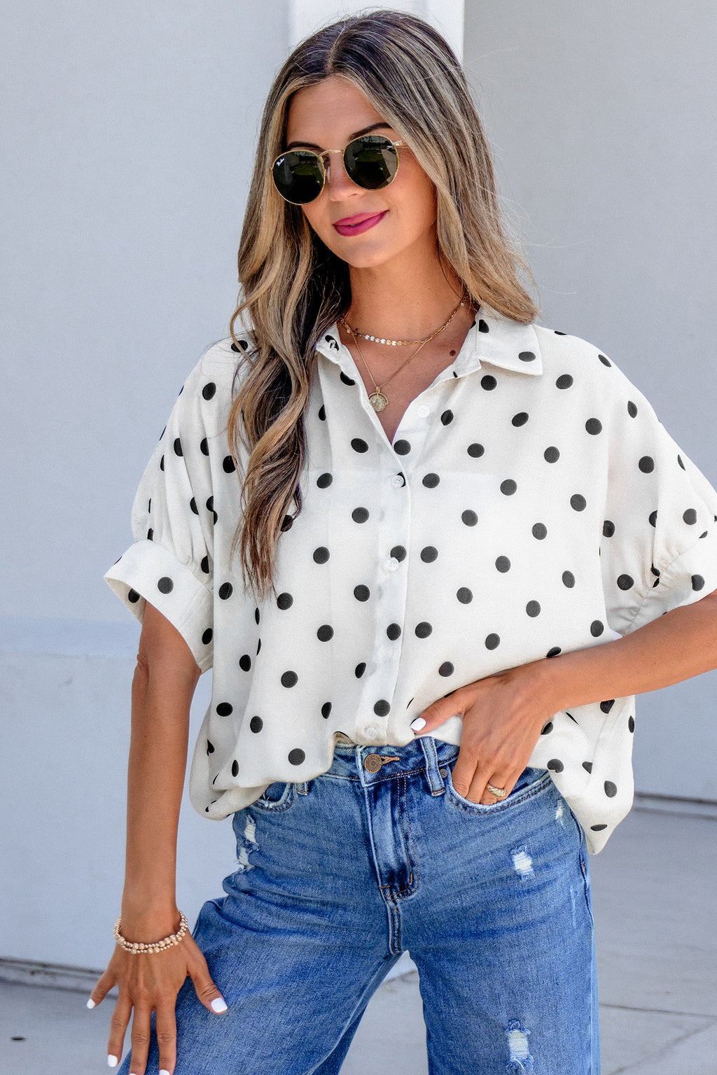 Beige Polka Dot Print Loose Dolman Shirt